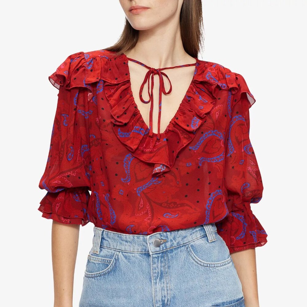 Ted Baker MiB Engels Red Ruffle Self Tie Crepe Paisley Print Blouse Size 1 Small